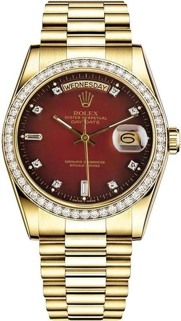 Rolex Men's Day Date President Yellow Gold Factory Diamond Bezel & Red Vignette 18348