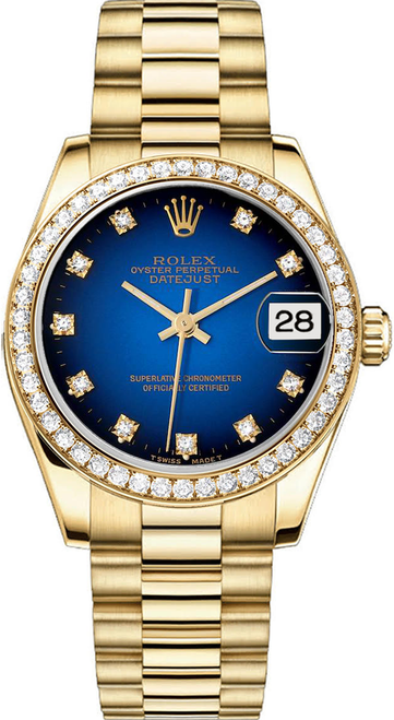 Rolex Women's President Midsize Factory Diamond Bezel on Factory Blue Vignette 68288 Rolex Women's President Midsize Factory Diamond Bezel on Factory Blue Vignette 68288