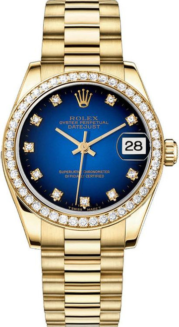 Rolex Women's President Midsize Factory Diamond Bezel on Factory Blue Vignette  68288