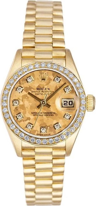 Rolex Women's President Yellow Gold Factory Diamond Bezel and Gold Crystal Diamond 69138