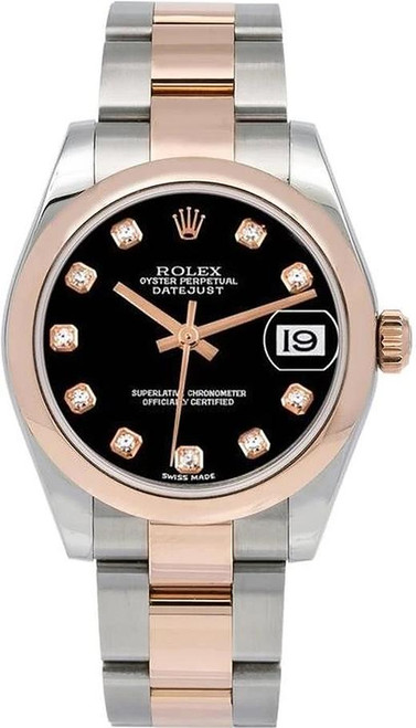 Rolex New Style Datejust Midsize Rose Gold Factory Smooth Bezel Black Diamond 178241