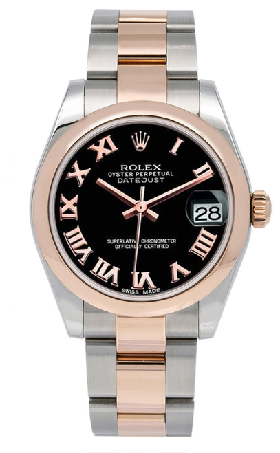 Rolex New Style Datejust Midsize Rose Gold Factory Smooth Bezel Black Roman Rolex New Style Datejust Midsize Rose Gold Factory Smooth Bezel Black Roman