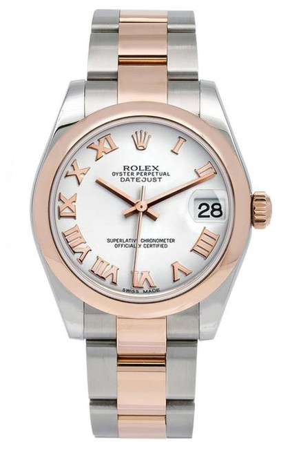 Rolex New Style Datejust Midsize Rose Gold Factory Smooth Bezel White Roman 178241