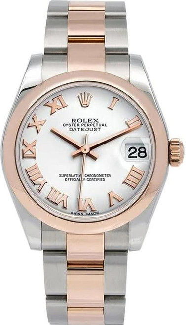 Rolex New Style Datejust Midsize Rose Gold Factory Smooth Bezel White Roman 178241