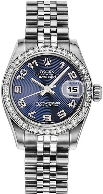 Rolex Women's New Style Steel Datejust with Factory Diamond Bezel and Blue Arabic Concentric Dial 179384