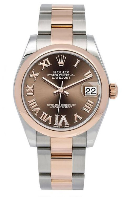 Rolex New Style Datejust Midsize Rose Gold Factory Smooth Bezel Chocolate Roman 178241