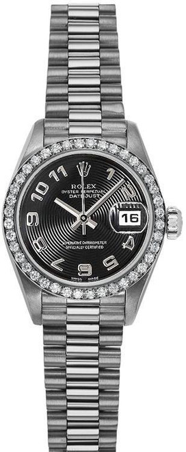 Rolex Women's White Gold President with Factory Diamond Bezel  with  Black Concentric Arabic Dial 69139