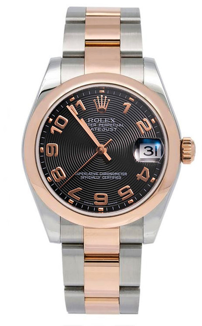 Rolex New Style Datejust Midsize Rose Gold Factory Smooth Bezel Black Arabic 178241