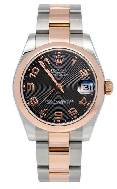 Rolex New Style Datejust Midsize Rose Gold Factory Smooth Bezel Black Arabic 178241