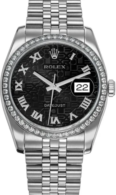 Rolex New Style Datejust Stainless Steel  Rolex Factory Diamond Bezel & Black Anniversary Roman Dial on Jubilee Bracelet 116244