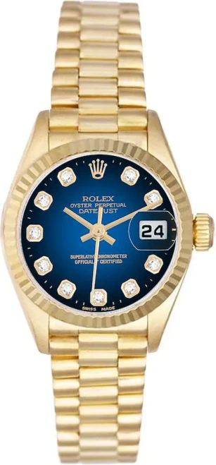 Rolex Women's President Yellow Gold Factory Blue Vignette Dial