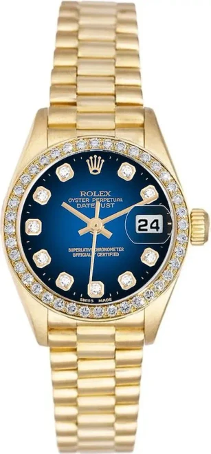 Rolex Women's President Yellow Gold Factory Diamond Bezel and Blue Vignette Dial 69138