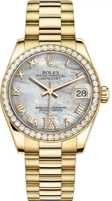 Rolex Women's President Midsize Factory Diamond Bezel on MOP Roman 68288