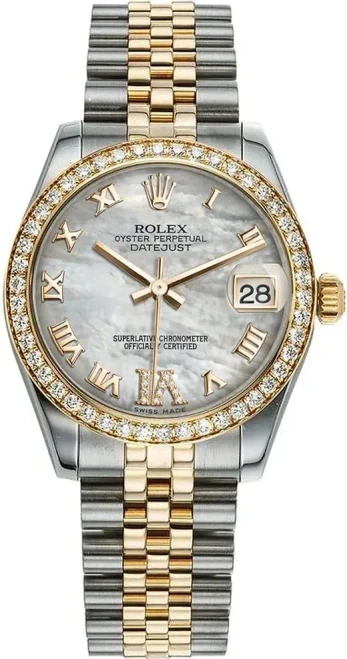 Rolex New Style Datejust Midsize Two Tone Factory Diamond Bezel & Mother of Pearl Roman Dial on Jubilee Bracelet 178383