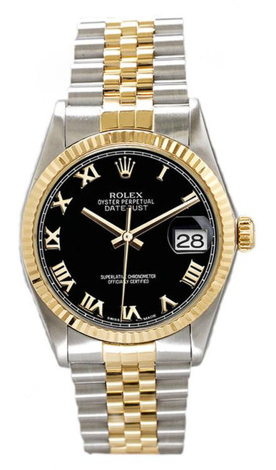 Rolex Men's Datejust Two Tone Fluted Black Roman Dial