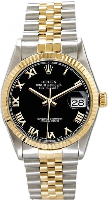 Rolex Men's Datejust Two Tone Fluted Black Roman Dial