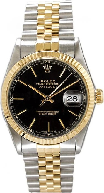 Rolex Men's Datejust Two Tone Fluted Black Index Dial