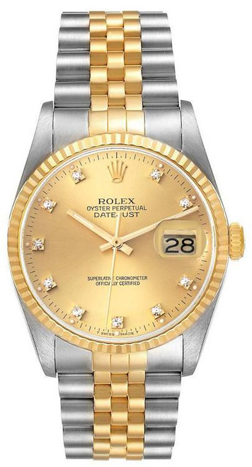 Rolex Men's Datejust Two Tone Fluted Factory Champagne Diamond Dial