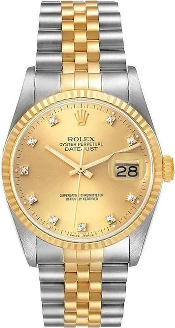 Rolex Men's Datejust Two Tone Fluted Factory Champagne Diamond Dial