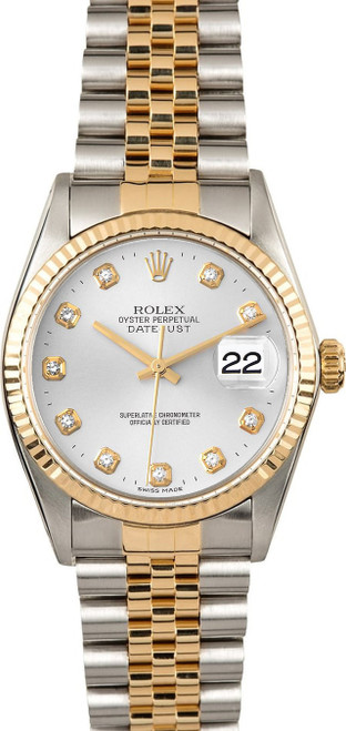 Rolex Men's Datejust Two Tone Fluted Factory Silver Diamond Dial 16233