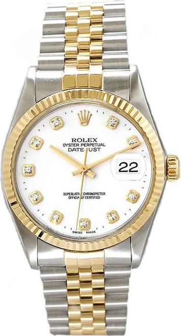 Rolex Men's Datejust Two Tone Fluted Factory White Large Diamond Dial