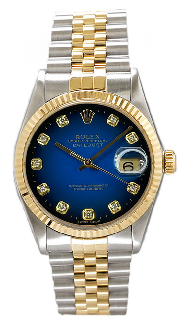 Rolex Men's Datejust Two Tone Factory Blue Vignette Diamond Dial