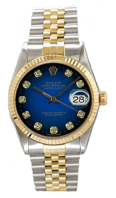 Rolex Men's Datejust Two Tone Factory Blue Vignette Diamond Dial 16233