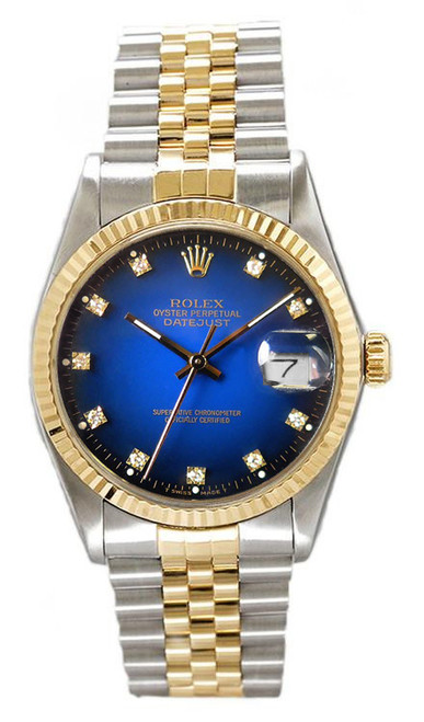 Rolex Men's Datejust Two Tone Factory Blue Vignette Diamond Dial