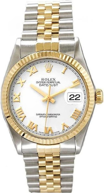 Rolex Men's Datejust Two Tone Fluted White Roman Dial