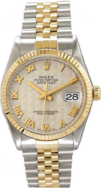 Rolex Men's Datejust Two Tone Fluted Ivory Pyramid Roman Dial