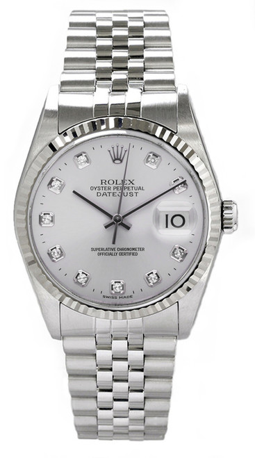 Rolex Men's Datejust Stainless Steel  Factory Silver Diamond Dial 16234