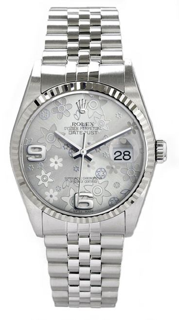 Rolex Men's Datejust Stainless Steel  Factory Silver Floral Dial