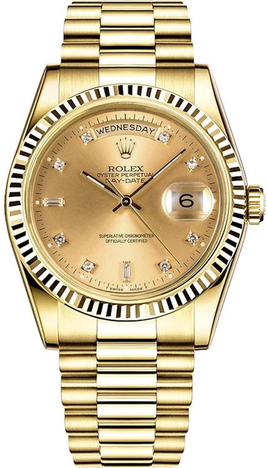 Rolex Men's Day Date President Yellow Gold Fluted Factory Champagne Diamond Dial 18038
