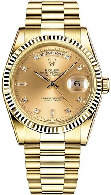 Rolex Men's Day Date President Yellow Gold Fluted Factory Champagne Diamond Dial 18038