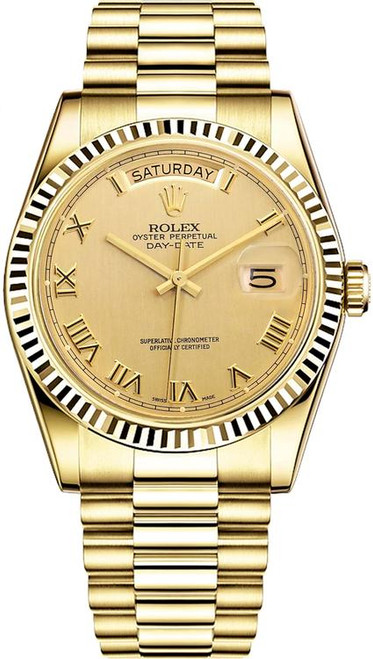 Rolex Men's Day Date President Yellow Gold Fluted Champagne Roman Dial 18038