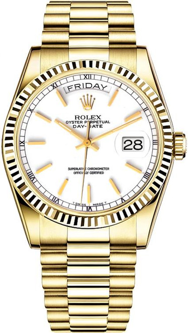 Rolex Men's Day Date President Yellow Gold White Index Dial 18038
