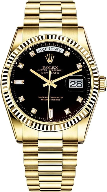 Rolex Men's Day Date President Yellow Gold Factory Black Diamond Dial 18038