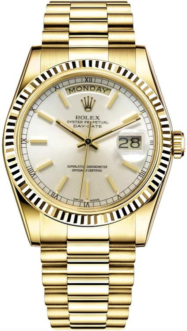 d。♥️ Rolex Men's Day Date President Yellow Gold Silver Roman 18038