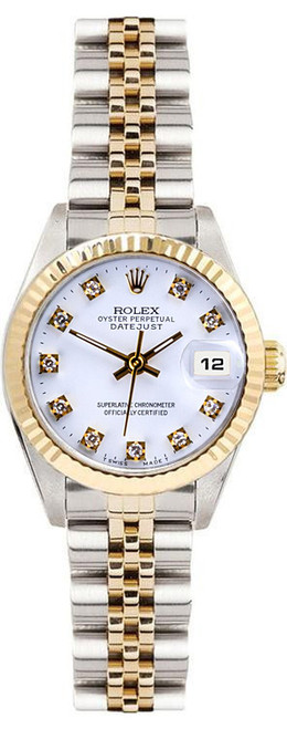Rolex Women's Datejust Two Tone Fluted Factory White Diamond Dial