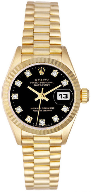 Rolex Women's President Yellow Gold Fluted Factory Black Diamond Dial Rolex Women's President Yellow Gold Fluted Factory Black Diamond Dial