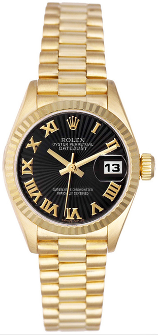 Rolex Women's President Yellow Gold Fluted Black Roman Dial Rolex Women's President Yellow Gold Fluted Black Roman Dial