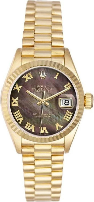 Rolex Women's President Yellow Gold Factory Dark Mother of Pearl Roman
