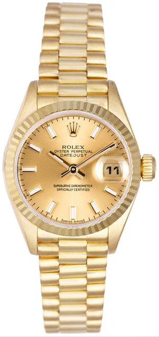 Rolex Women's President Yellow Gold Fluted Champagne Index Dial