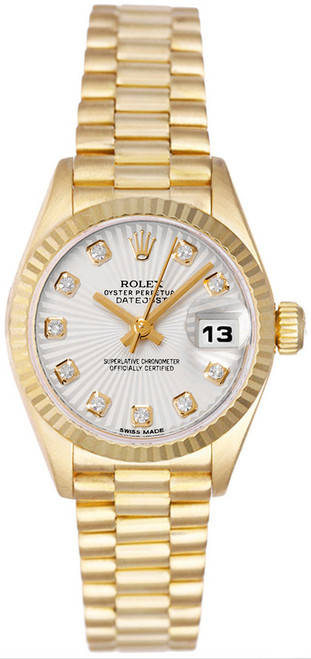 Rolex Women's President Yellow Gold Fluted Factory Silver Sunbeam Diamond Rolex Women's President Yellow Gold Fluted Factory Silver Sunbeam Diamond