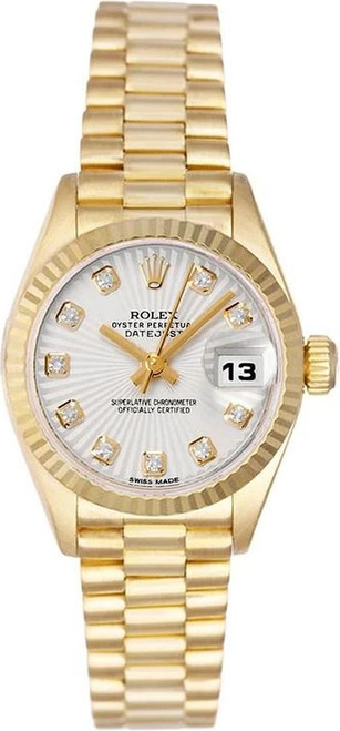 Rolex Women's President Yellow Gold Fluted Factory Silver Sunbeam Diamond