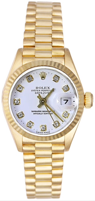 Rolex Women's President Yellow Gold Fluted Factory White Diamond Dial Rolex Women's President Yellow Gold Fluted Factory White Diamond Dial