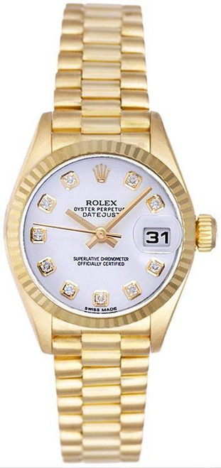Rolex Women's President Yellow Gold Fluted Factory White Diamond Dial