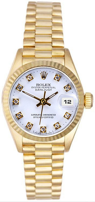 Rolex Women's President Yellow Gold Fluted Factory White Diamond Dial
