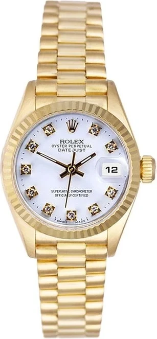 Rolex Women's President Yellow Gold Fluted Factory White Diamond Dial