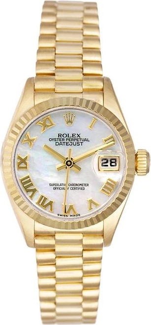 Rolex Women's President Yellow Gold Factory Mother of Pearl Roman